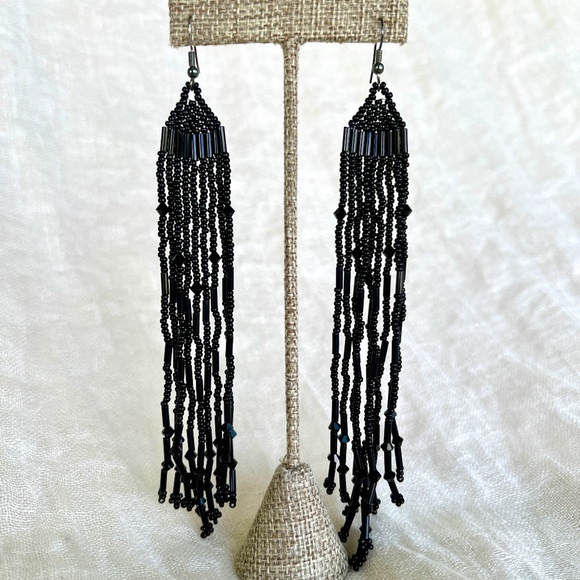Vintage Jet Glass Beaded Shoulder Duster Earrings – 6″ Long – Sterling Hooks - Picture 1 of 8